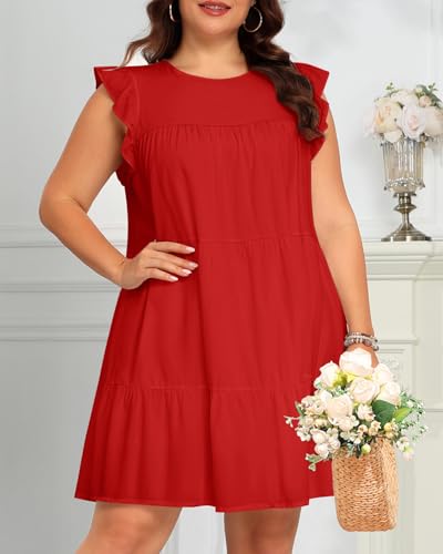 Image of Holipick Women's Plus Size Summer Dresses Casual Short Dress Babydoll Ruffle Sleeve Swing Flowy Sleeveless Tunic Dress