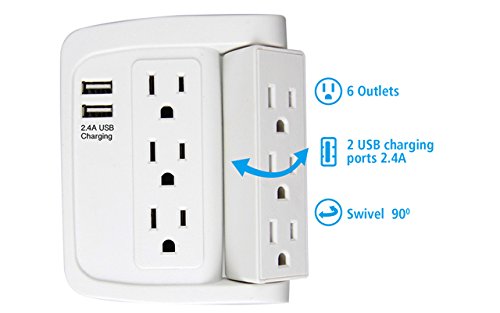 ECOPlugs 6 Outlet Swivel Wall Adapter, Swivel Outlet with USB Ports, Swivel Wall Tap Adapter White