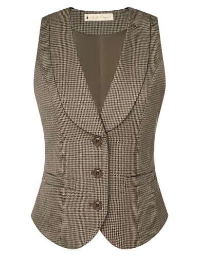 Belle Poque Braune Hahnentrittmuster Weste für Damen Reverskragen U-Ausschnitt Button-Down Weste für Formelle Konferenzen