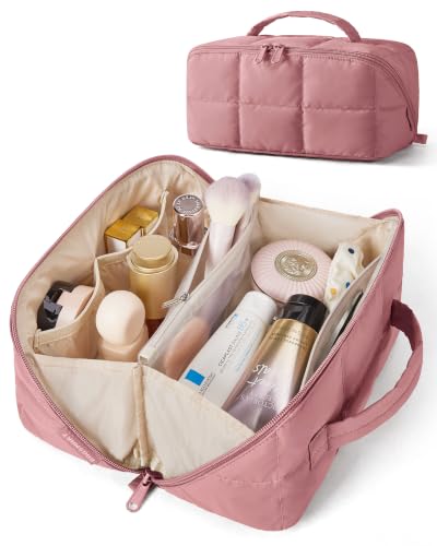 BAGSMART Structured Travel Makeup Bag, Wide Open Toiletry Organizer