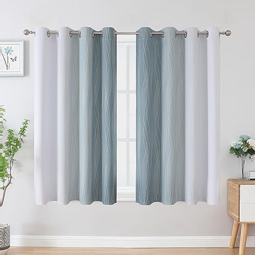 Estelar Textiler Stone Blue and Greyish White Blackout Curtains 45 Inch Length 2 Panels, Light Blocking Gradient Drapes for Kitchen, Thermal Insulated Grommet Ombre Curtains for Bathroom,52Wx45L