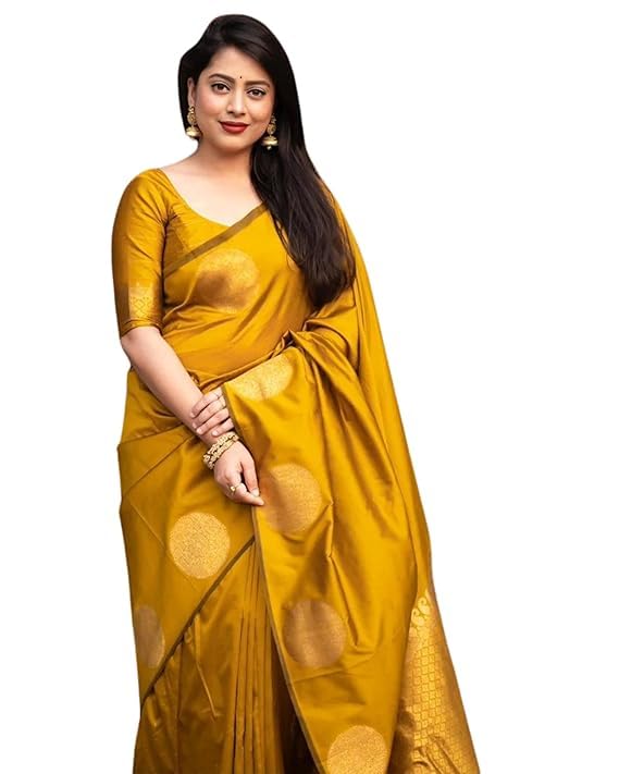 - Indian Women's Banarasi Soft Silk Saree Kanjivaram Style With Blouse Piece For Partywear Wedding Gift Item Pack of 1 (Yellow)