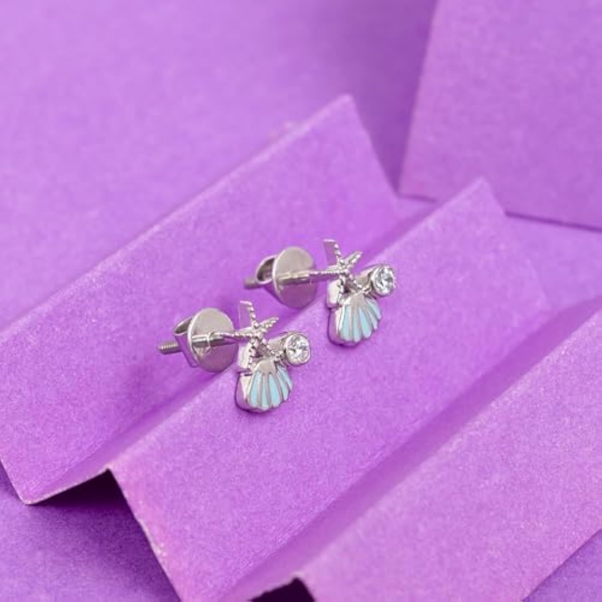 Women's 925 Sterling Silver Starfish Shell Earrings with Blue Enamel