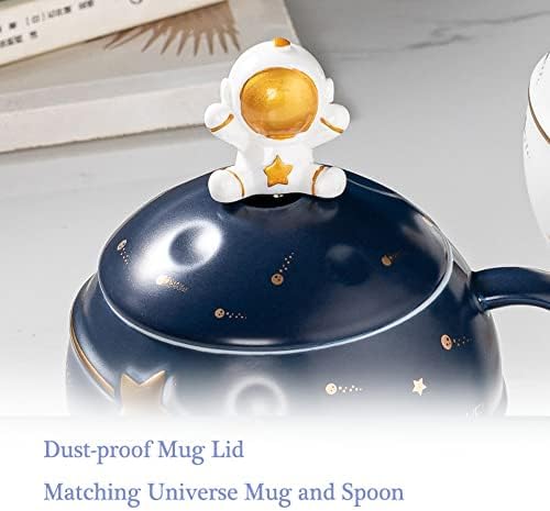 Kawaii Astronaut Cup Space Embossed Planet Mug, Cute Ceramic Coffee Mug, Novelty Mug with Lid and Spoon for Coffee, Tea, Milk, Aesthetic Room Decor Funny Gift for Girl Boy Women (Dark blue) - Image 3