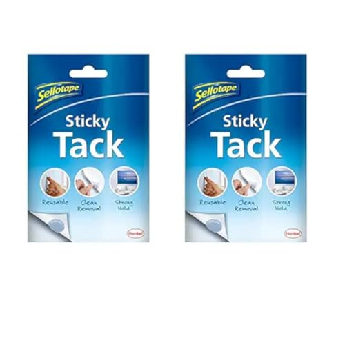 Image of Sellotape Sellotac Sticky Tack for Home & Office, Reusable Adhesive ideal for hanging Photos, Cards or Decorations, can be repositioned and reused, strong hold, easy to use, no mounting needed, 45g x2