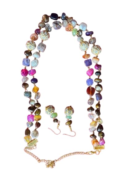Image of Natural Stone Mala Double Layered with Hanging Earrings.