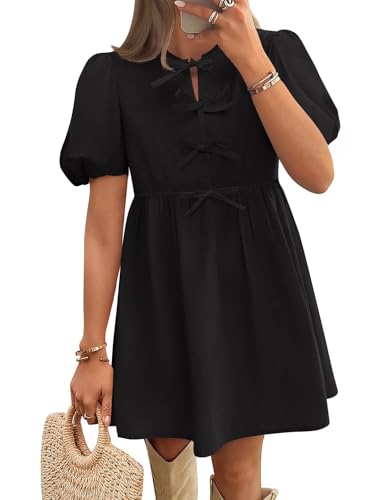 ZESICA Women's Summer Short Sleeve Tie Front Mini Dress Cute Babydoll Ruffle Pleated A Line Tunic Dresses