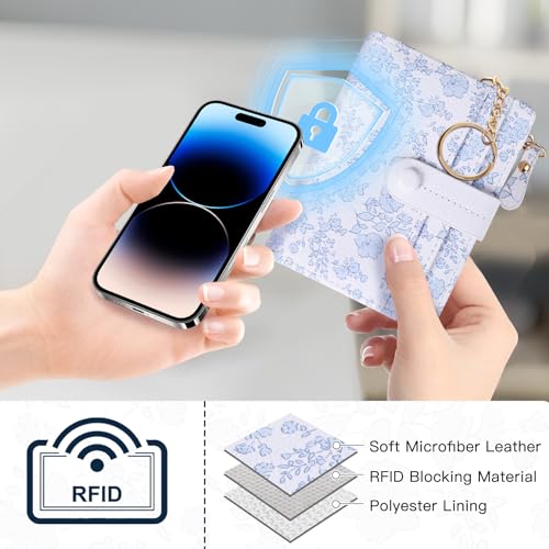 Image of COSHAYSOO RFID Wallet for Women Ladies Slim Compact-Mini Bifold Purse with Card Slots ID Window-Zipper Coin Pocket Bill Holder Keychain Hook Lightweight Waterproof PU Leather-White Orchid