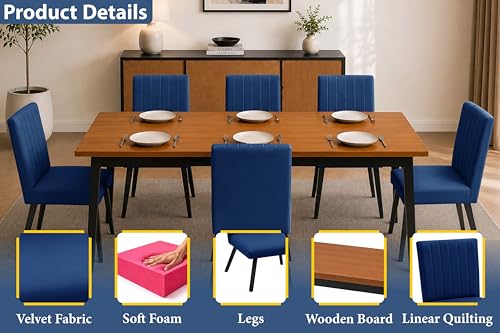 Image of Rosebell 6 Seater Dining Table Set with Cushioned Chairs | Modern Dining Table for Home, Dining Room & Kitchen | Black Metal Legs | Blue