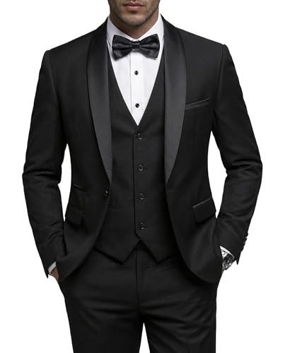 YND Men's 3 Piece Tuxedo Set with Bow Tie, Slim Fit One Button Shawl Lapel Suit Blazer Vest Pants,...