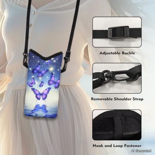 Image of Neoprene Cellphone Crossbody Bag Small Cell Phone Case Waterproof Crossbody Sling Bag with Adjustable Strap Hands-Free for Women Men, Violet Butterfly Water Reflection Blue