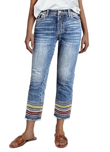 Cropped Jeans for Women,Women's Mid Waist Boyfriend Straight Leg Rise Stretchy Tribal Multicolor Stripe Embroidery Pants