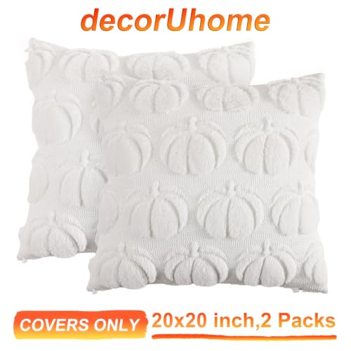 Image of decorUhome Fall Decorative Cream White Pumpkin Throw Pillow Covers 20x20 Set of 2, Soft Faux Fur Plush Farmhouse Accent Pillow Cases for Couch Bed Sofa Autumn Harvest Halloween Holiday Home Decor
