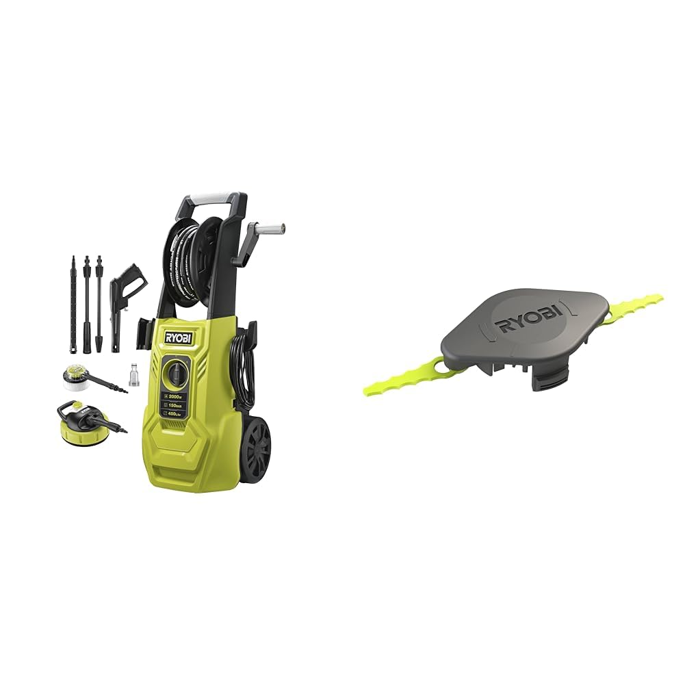 RYOBI - Nettoyeur Haute Pression 2000 W - 150 Bars - 450 L - Flexible renforcé & Tête Double Lames Dentelées (+10 Lames) pour Coupe-Bordures, Dresse-Bordures - Spéciale Herbes Hautes/Épaisses