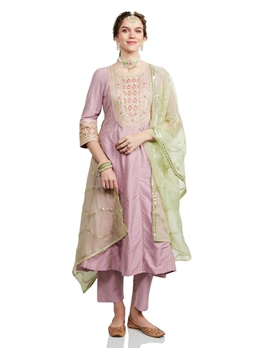 Image of Amazon Brand - Myx Women's Embroidered Anarkali Kurta Set with Organza Dupatta (Available in Plus Sizes)