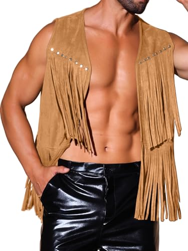 Lars Amadeus Fringe Vest for Men's Open Front Sleeveless Western 70s Suede Tassel Cardigan