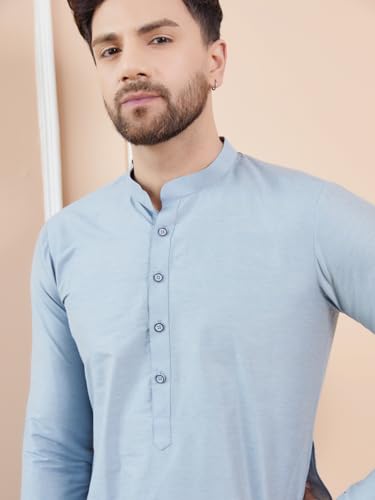 Image of See Designs Men Full Sleeve Sleeve Side Slit Mandarin Collar Cotton Solid Straight Kurta with Pyjama