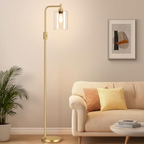 Upgraded Dimmable Floor Lamp for Living Room with Clear Glass Lampshade Gold Modern Glass Floor Lamp with 900LM LED Bulb Included Arc Standing Tall Lamp for Bedroom Office Reading Room Corner