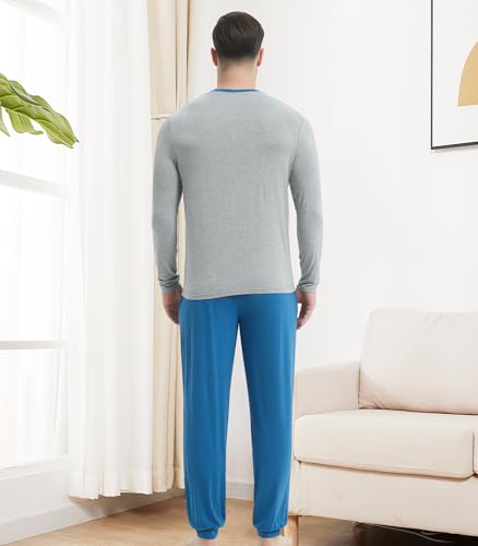 Image of NACHILA Mens Pajamas Set Long Sleeve Henley Sleepwear Top Soft Jogger Pants Pajamas Cool Pjs Set,Viscose Made from Bamboo