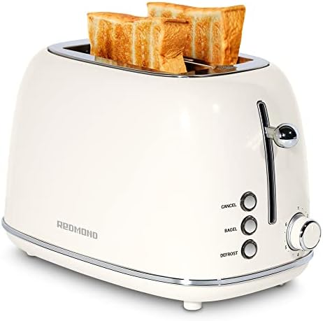 REDMOND 2 Slice Toaster Retro Stainless Steel Toaster with Bagel, Cancel, Defrost Function and 6 Bread Shade Settings Bread Toaster, Extra Wide Slot and Removable Crumb Tray, Cream, ST028