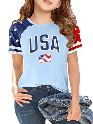 Image of CAZYCHILD Girls 4th of July USA Shirt American Flag Patriotic T-Shirt Independence Day Outfit for Kids 5-14Years