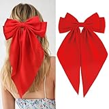 Velscrun Hair Bows for Women Girls Red Silky Satin Large Coquette Hair Bow Oversized Hair Ribbons Big Hair Bows Clip Long Tail Bowknot Hair Barrettes Halloween Christmas Hair Accessories
