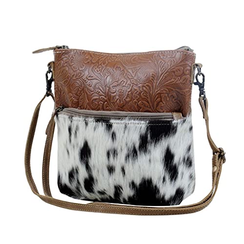 Myra Bag Engraved Crossbody Bag Upcycled Cowhide & Leather S-28772