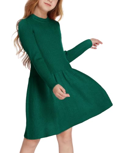 Arshiner Mädchen Pullover Kleid Herbst Winter Kleid Langarm Strickkleid Flare Skater Kleid A-Linie Einfarbig Basic Kinder Freizeitkleid Grün 150