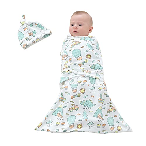 ZIGJOY Neugeboren PucktüCher Baumwolle Einstellbar Neugeboren Schlaf Beruhigen Pucktuch mit Baumwoll-MüTze Schlafsack for Baby 0-6 Monate(Dinosaurier) Cover