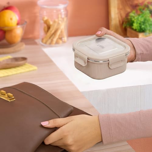 Image of Larah by BOROSIL Freshbyte Food Storage Container with Airtight Stainless Steel Lid | Fridge Container for Lunchbox | Food Grade | Microwave Safe (Beige, 250 ml, Square)