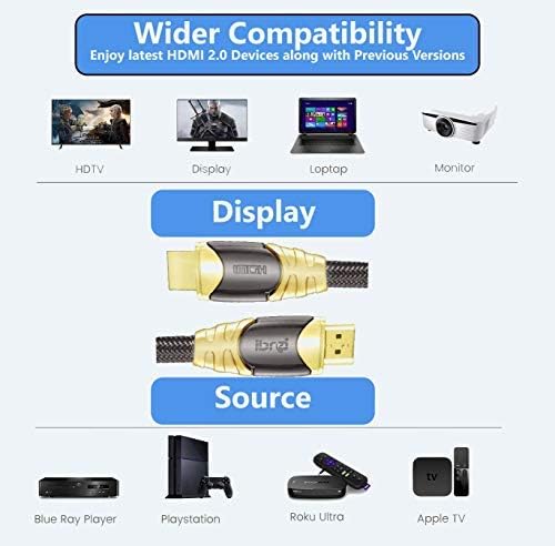 IBRA HDMI Cable 10ft - HDMI 2.0 (4K@60Hz) Ready - 28AWG Braided Cord -18Gbps -Gold Plated Connectors - Ethernet,Audio Return -Video 4K 2160p HD 1080p 3D Xbox, PS3 PS4 PC Apple TV Luxury