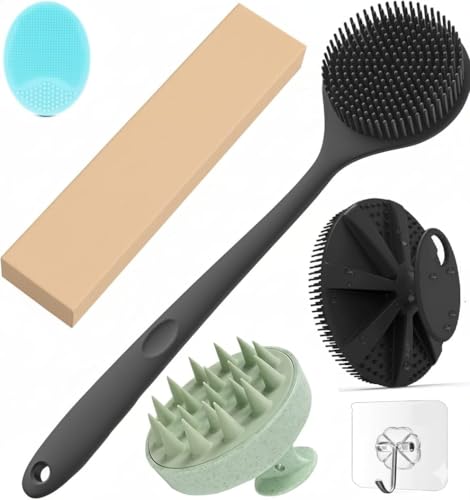 Image of Soft Silicone Back Scrubber Long Handle Bath Brush + Body Scrubber Bath Brush + Scalp Massager for Hair + Face Scrubber Brush, Combination Combo, Super-Exfoliating & Lathering Body Scrubber, Shower Brush | BPA-Free | for Men and Women (With A Free Hook 3-pic)