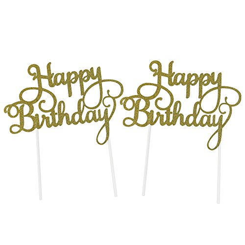 SUNBEAUTY Pack of 2 Gold Glitter Happy Birthday Cake Topper Decoration (Gold)