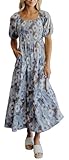 Mikarose Women's The Indy Puff Sleeve Smocked Midi Dress (X-Large, Periwinkle Petal)