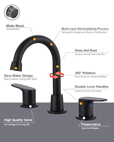 Robinet d'évier de salle de bain large noir mat 2 poignées