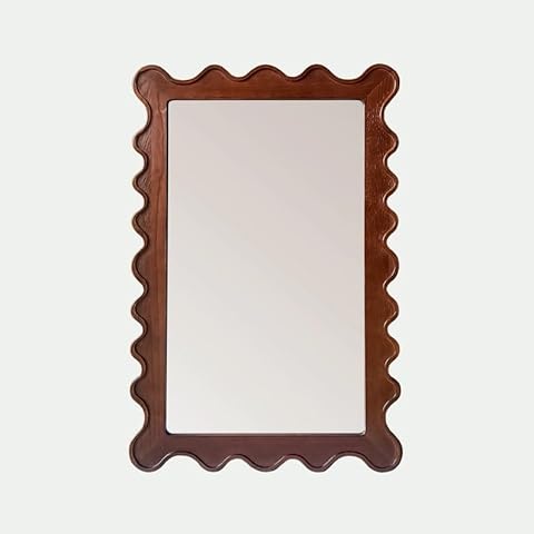 VRFUI Savannah Scalloped Edge Mirror, Rectangular Mirror, Ripple Mirror, Wavy Mirror, Solid Oak Mirror (Brown) Cover