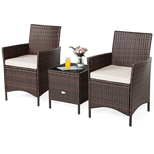 Tangkula 3-Piece Patio Conversation Set, Wicker Chairs With Glass Top Square Coffee Table & Cushions, All-Weather Outdoor Rattan Furniture Set For Garden Backyard Balcony Poolside (White) #TOP9
