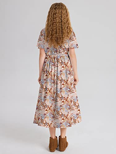 Girls Casual Butterfly Sleeve Elastic Crew Neck Floral Printed Solid Color High Waist Midi Belted Dress with Pocket4