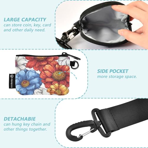 Retro Pattern Daisy Dahlia White Women's Card Cases Change Holder Large Capacity Key Chain Wallet Change Purse with Zipper Coin Pocket for Women Men 2 Pcs3