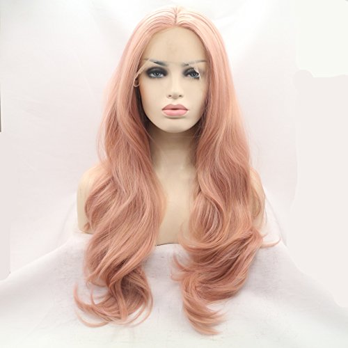 Peach Pink Color Glueless Natural Wave Middle Part Synthetic Lace Front Wigs for Women(24inch) present wig cap