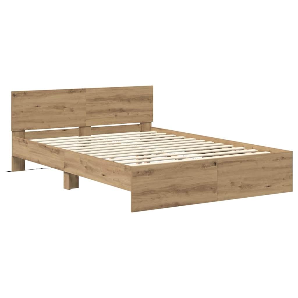 Brokky Cama 135x190 con cabecero y Luces LED Estructura Cama de Madera Cama Matrimonio con somier y Base Cama Juvenil-Roble artisan-135 x 190 cm