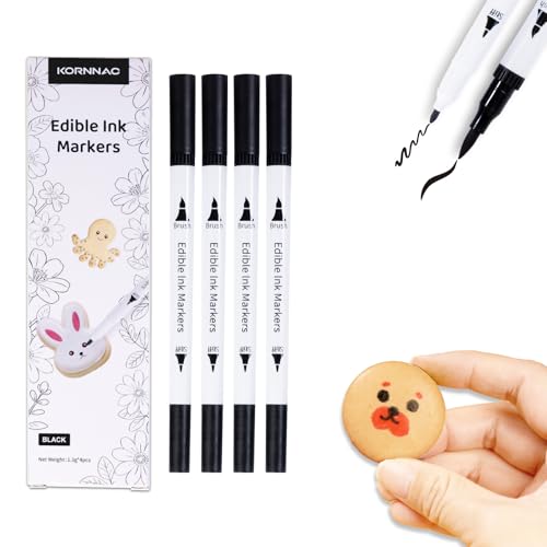 Image of KORNNAC 4 pcs Black Edible Marker Pen Set | Fine Tip for Food Coloring, Frosting & Icing | 4 Pack of Black Food Safe Drawing & Paint Pens | paint pen