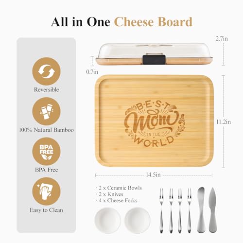 Maxboro Charcuterie Board with Lid and Handle, Portable Travel Design Bamboo Cheese Board with Knife Set, Meat Fruit Serving Tray Platter, New Home Gifts for Mom Women, 1 Compartment, Mother theme by Maxboro - Image 2