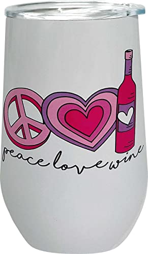 Spoontiques - Peace Love Wine - Insulated Wine Tumbler With Lid - Double Wall Stainless Steel Stemless Wine Glass - 16Oz #TOP8