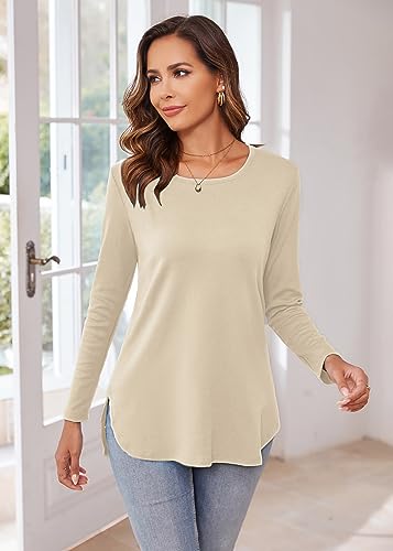 Image of Herou Women's Casual Long /Short Sleeve T Shirt Crewneck with Side Split Fall Pullover Loose Tunic Sweater Tops