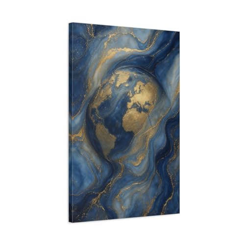 Toile abstraite carte du monde haut de gamme, impression sur toile canvas bleu et or pour salon