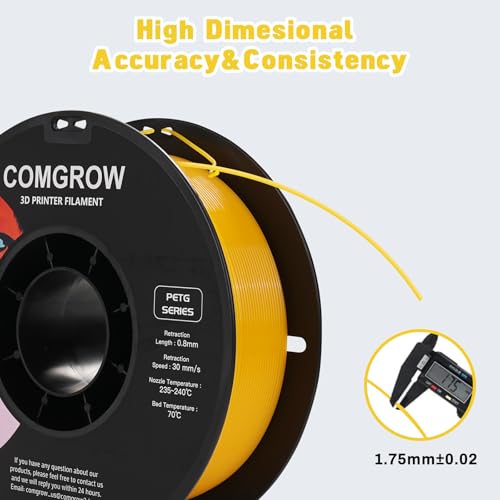 Image of Comgrow PETG 3D Printer Filament 1.75mm, High Precision and Tough 3D Printer Filament 1kg (2.2LBS), Dimensional Accuracy + /- 0.02 mm, Fit Most 3D Printers Yellow