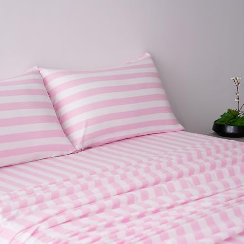 Image of Best Season Bed Sheet Set 3 Piece -Twin Size-Soft Durable Microfiber Bedding Sheet Set,Deep Pocket,Stain,Fade & Wrinkle Resistant Green and White Pinstripe (Stripe Pink&White)