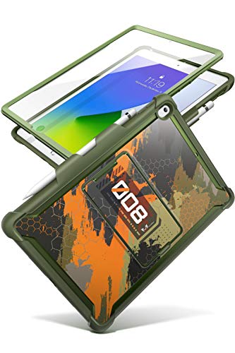 Mumba Ops Case for New iPad 9th/8th/7th Generation 2021/2020/2019, [Built-in Screen Protector] with [Kickstand] & [Pencil Holder], Full-Body and Drop-Proof Cover, Cyberpunk Style (CamoGreen)