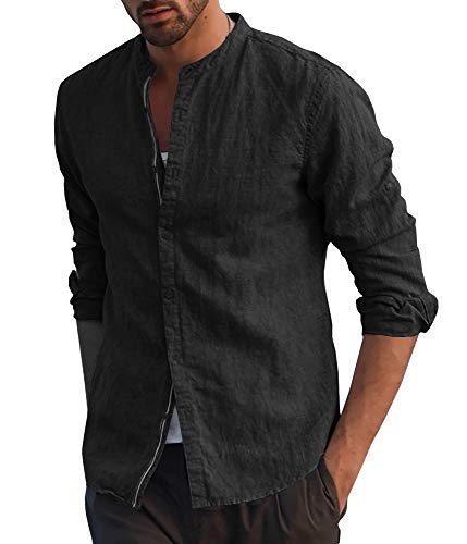 Runcati Herren Langarmhemd Baumwolle Stehkragen Freizeithemd Leicht Leinen Hemd Lässig Sommer Tops, Schwarz, XL